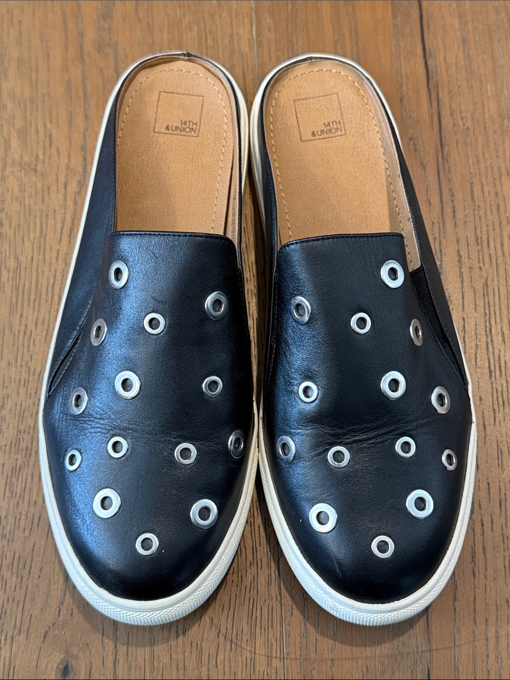 Black leather slides
